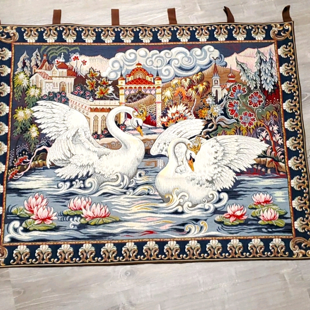 Vintage Faberge Franklin mint Swan Lake Tapestry Wool Cotton